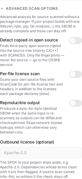 The Advanced section with the File-level identification (SCANOSS) toggle